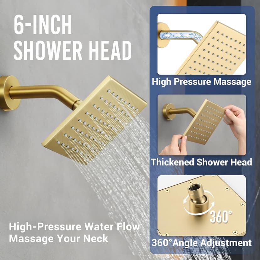 Brushed Gold Thermostatic Shower System with Body Jets, Ceiling 16” Rainfall Shower & Wall Mount 6-Inch Shower Head Luxury Shower Faucet Set with Handheld Spray, Dual Shower Heads Set