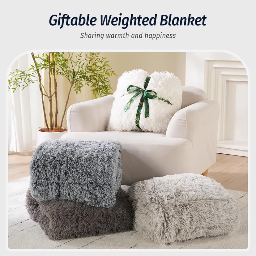 Wemore Shaggy Long Fur Faux Fur Weighted Blanket, Cozy and Fluffy Plush Sherpa Long Hair Blanket for Adult 15lbs, Fluffy Fuzzy Sherpa Reverse Heavy Blankets for Bed, Couch, Cream White, 48 x 72 Inches