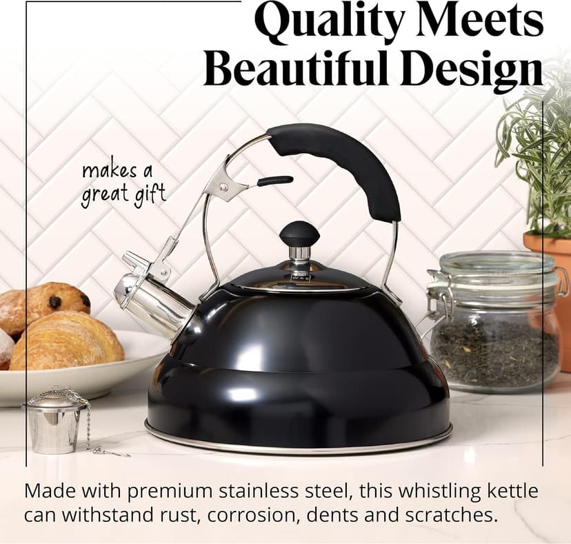 Willow & Everett Whistling Tea Kettle for Stove Top - 3.17 Quart Tea Pots for Stove Top w/Stainless Steel, Mirror Finish & Strainer
