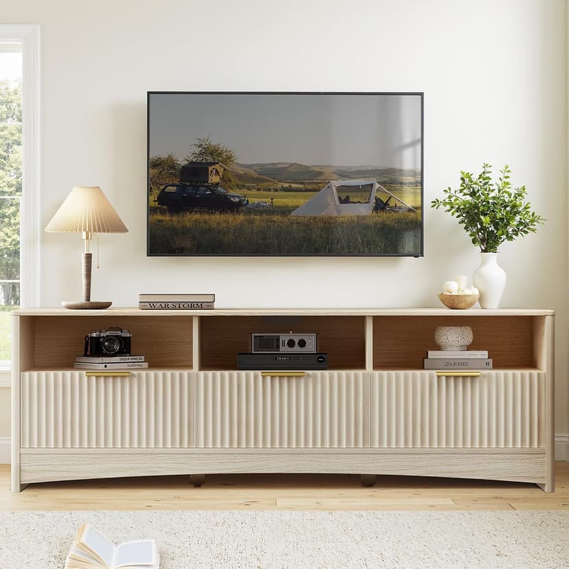 Marsail 59″ Wide TV Stand for TVs Up to 65″, Modern Entertainment Center with Fluted Panels, 3 Easy-Sliding Drawers, Open Shelves & Cable Hole, 3-Tier TV Stands for Living Room & Bedroom, Natural Oak
