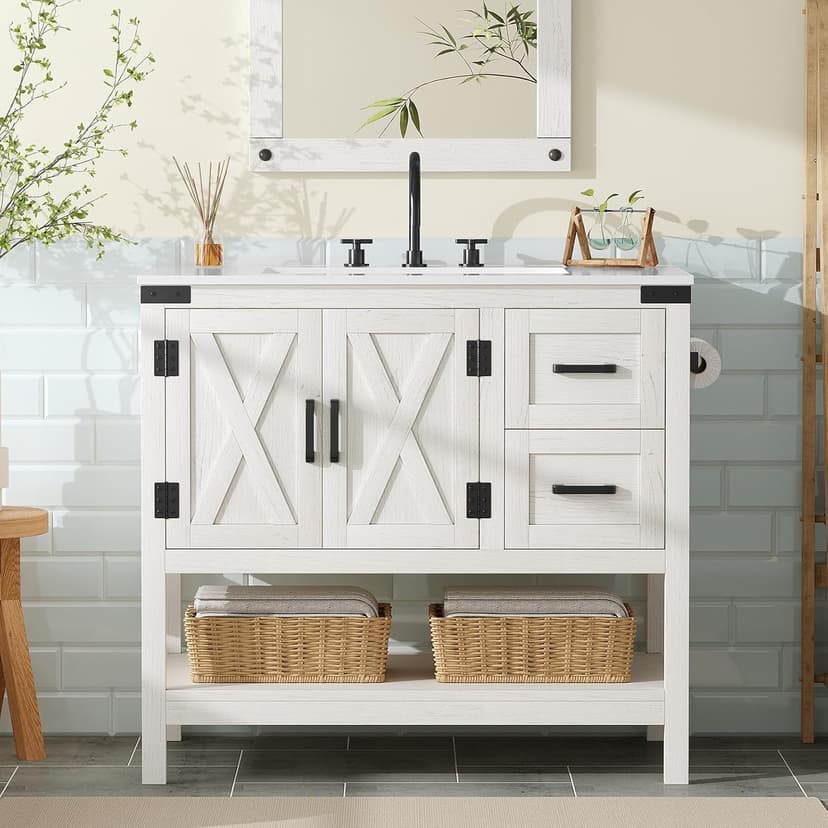 AMERLIFE 36" Farmhouse Bathroom Vanity with Sink Combo, Wood Barn Door Freestanding Small Single Bath Storage Cabinet Set with Sliding Drawers & Open Shelf, Paper Towel Holder, Antique White
