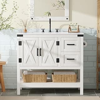 AMERLIFE 36" Farmhouse Bathroom Vanity with Sink Combo, Wood Barn Door Freestanding Small Single Bath Storage Cabinet Set with Sliding Drawers & Open Shelf, Paper Towel Holder, Antique White