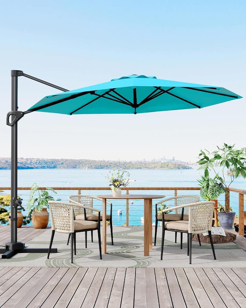 10FT Patio Umbrella Outdoor Large Cantilever Umbrella w/Base Included Market Sun Shade Windproof Offset Umbrella with 360-Degree Rotation for Garden Deck Pool Patio, Turquoise Blue