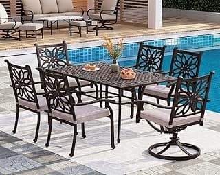 PHI VILLA Cast Aluminum Patio Dining Set for 6 Person, 7 Piece Outdoor Patio Set with 64" x 37" Cast-Top Aluminum Table(2.3" Umbrella Hole), 4 Dining Chairs and 2 Swivel Rockers with Seat Cushions