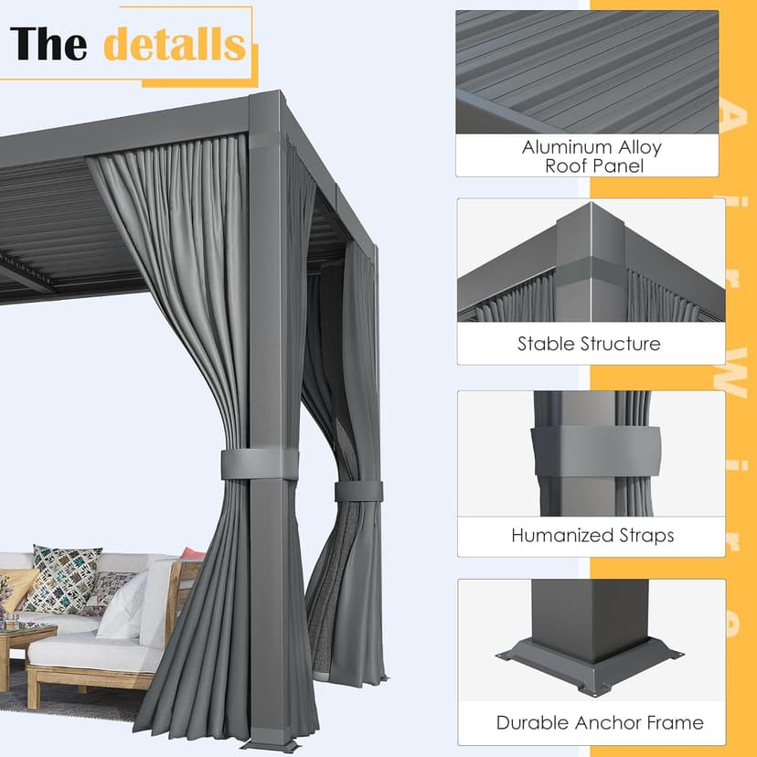 Pergola 10x20 Ft Louvered Pergola Aluminum Outdoor Pergolas W/Adjustable Roof, Waterproof Curtains and Nets Outdoor Gazebo for Deck,Patio,Backyard and Garden
