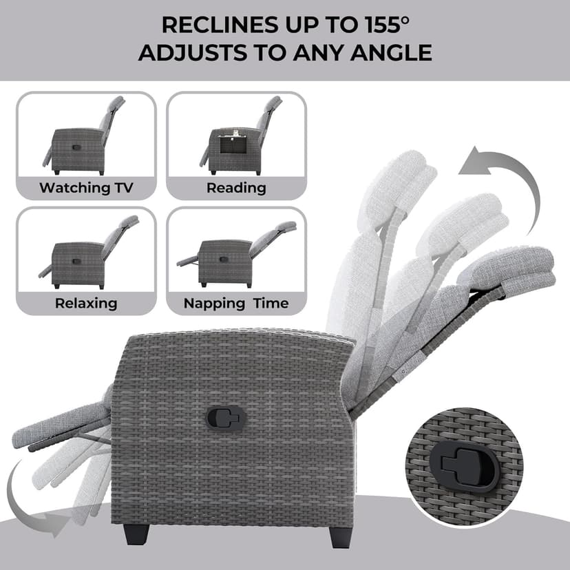 Outdoor Wicker Recliner Chair, Patio Recliner with Independently Adjustable Backrest and Footrest, All-Weather PE Wicker Patio Reclining Lounge Chair with Flip-Up Table Air Pump 155° Lay Flat