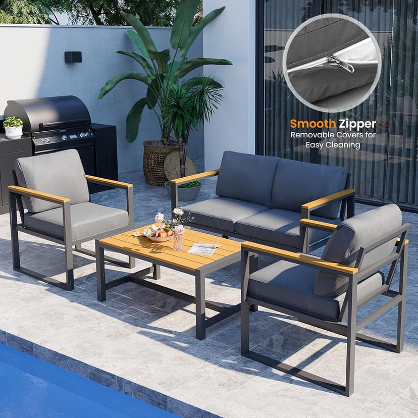 Pamapic 4 Pieces Outdoor Patio Furniture Set, Modern Metal Balcony Furniture with Plastic-Wood Coffee Table, All-Weather Patio Conversation Set with Thick Cushion for Balcony, Porch, Gray