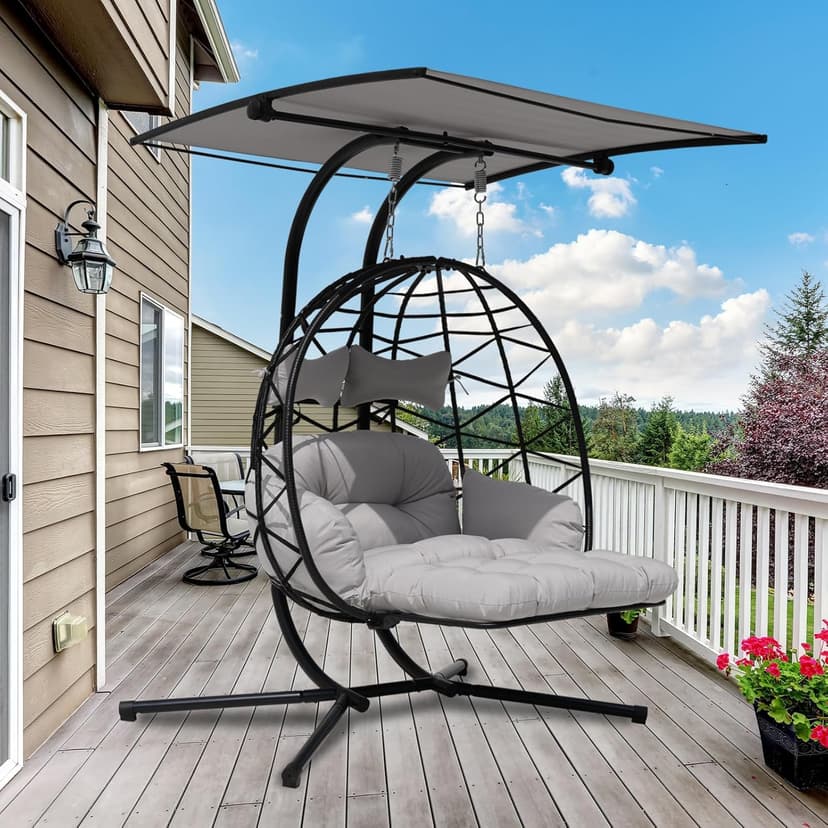 Double Egg Chair Outdoor with Stand & Adjustable and Removable Canopy, Foldable Leg Rest, Leg Support Bracket Tube Thickened Treatment, 600lbs Capacity for Bedroom, Balcony, Garden (HQH)