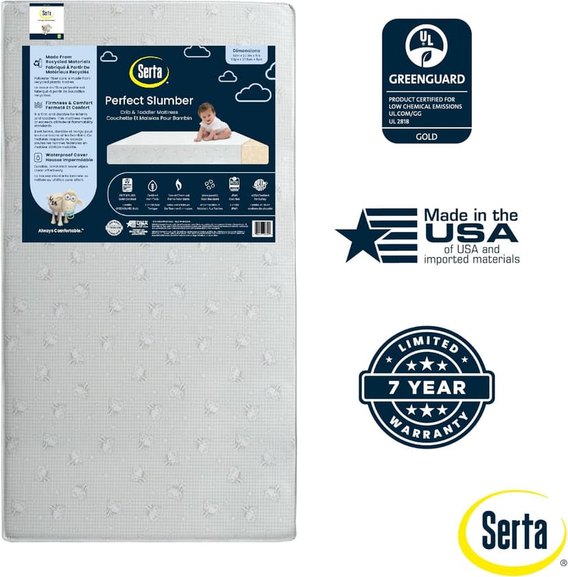 Serta Perfect Slumber Dual Sided Crib and Toddler Mattress - Waterproof - Hypoallergenic - Premium Sustainably Sourced Fiber Core -GREENGUARD Gold Certified (Non-Toxic) -7 Year Warranty - Made in USA