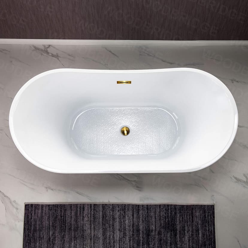 WOODBRIDGE 59" Acrylic Freestanding Bathtub Contemporary Soaking White Tub with Brushed Gold Overflow and Drain，BTA1516-BG-Drain-&O