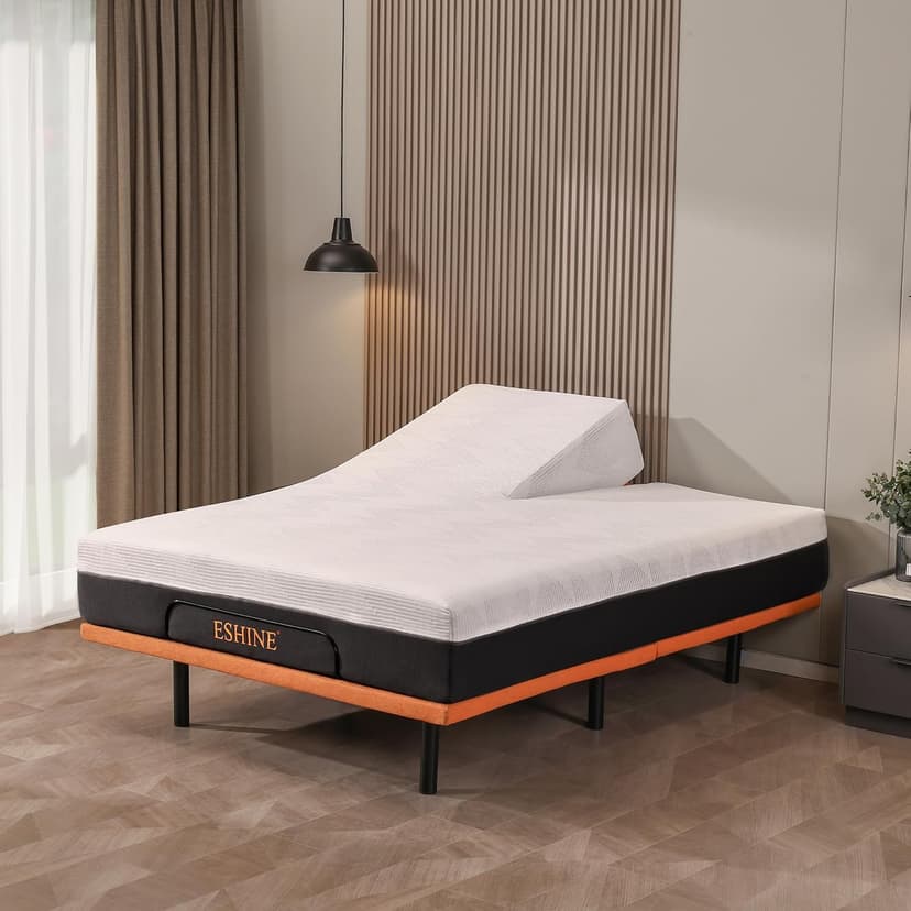 ESHINE Split Queen Adjustable Bed Frame with Mattress - 14" Gel Memory Foam Mattress, USB Ports, Underbed Night Light, Head and Foot Incline, Top Split Queen, Orange