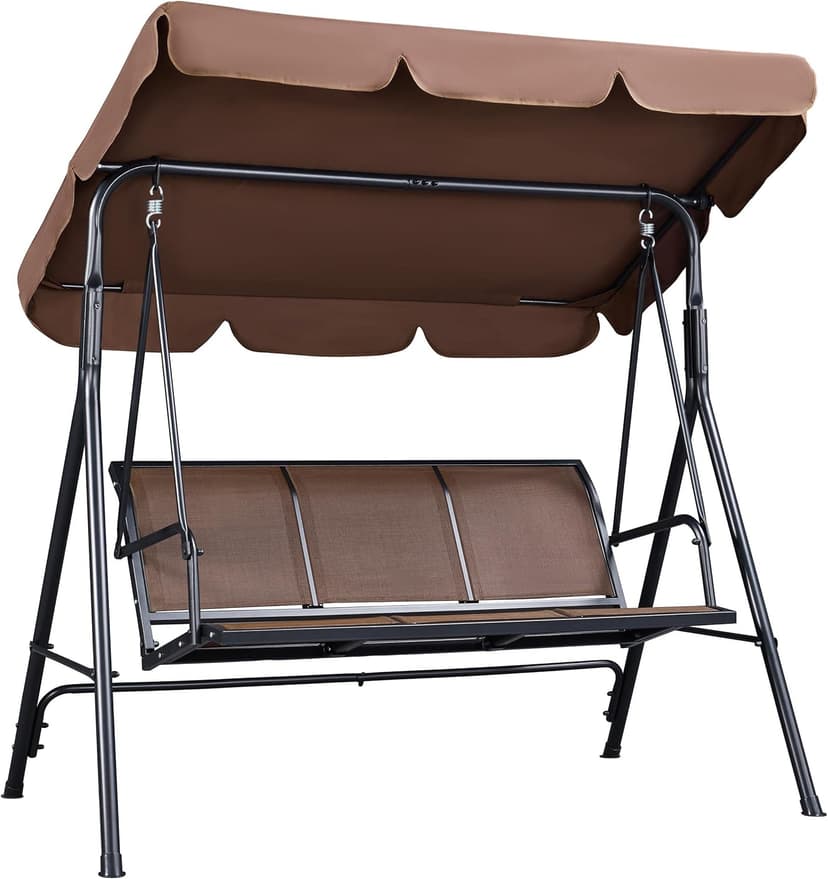 Yaheetech Outdoor Porch Swing Chair for Adults, 3-Seat Patio Hanging Swing w/Adjustable Canopy, Armrests, Porch Swing Sets w/Stand, Breathable Fabric for Backyard/Garden/Balcony, Dark Brown