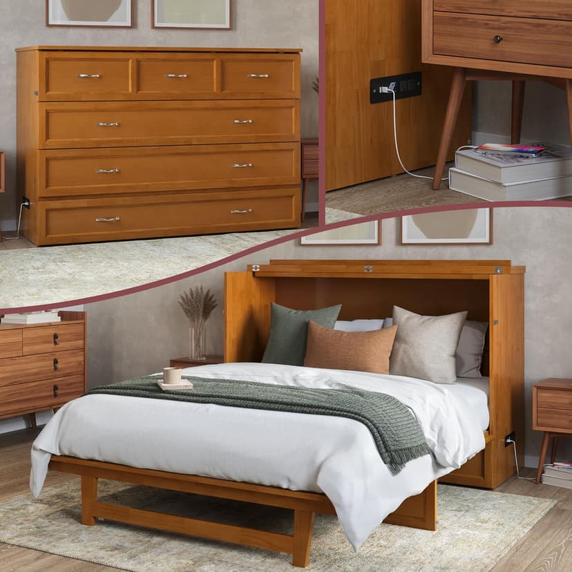 AFI, Northfield Queen Murphy Bed Chest with 6" Mattress, Storage Drawer & Built-in USB Charger, Light Toffee