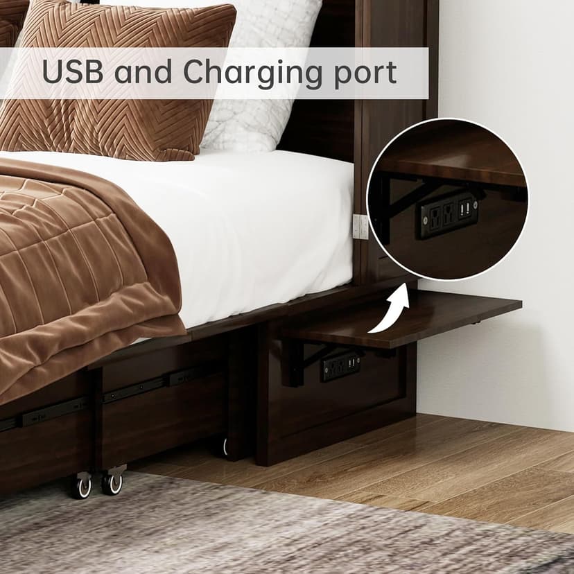 Murphy Bed Cabinet Full with Tri-Folding Mattress, Solid Wood Murphy Bed with 2 USB & 2 Charging Ports, Large Storage Drawer for Home Office or Small Space, Ebony Wood Color