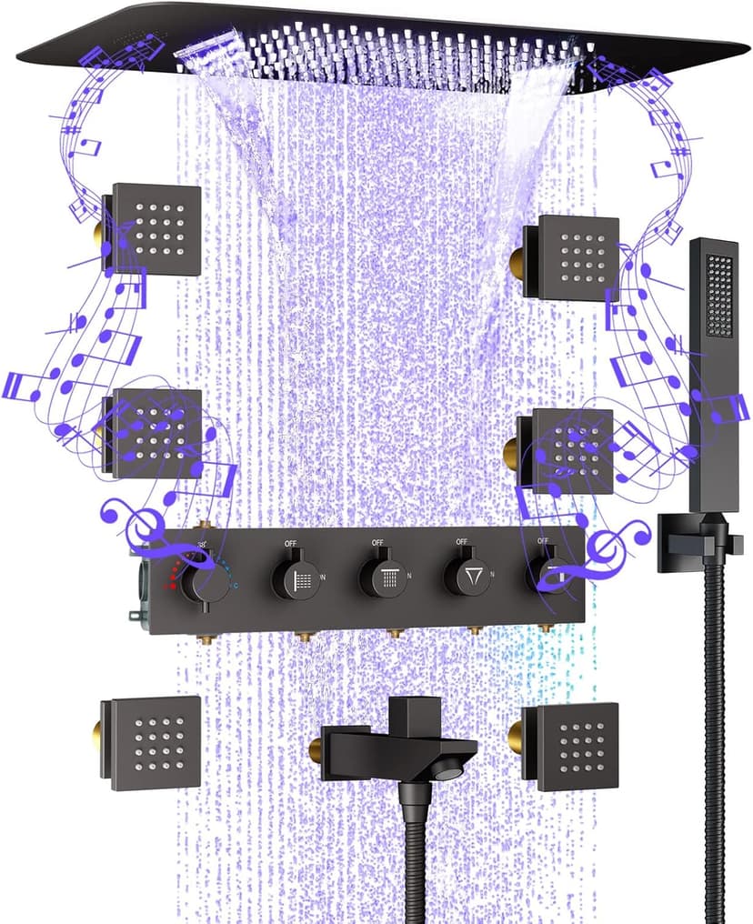 23" Full Body Thermostatic Shower System with Body Jets, Luxury LED Music Rainfall Waterfall Shower Jets System In Wall, Smart Ceiling Mount Multi Function Rain Shower Faucet Set