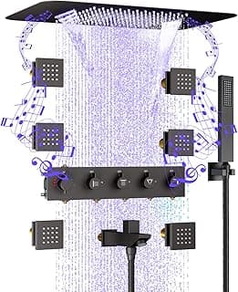 23" Full Body Thermostatic Shower System with Body Jets, Luxury LED Music Rainfall Waterfall Shower Jets System In Wall, Smart Ceiling Mount Multi Function Rain Shower Faucet Set