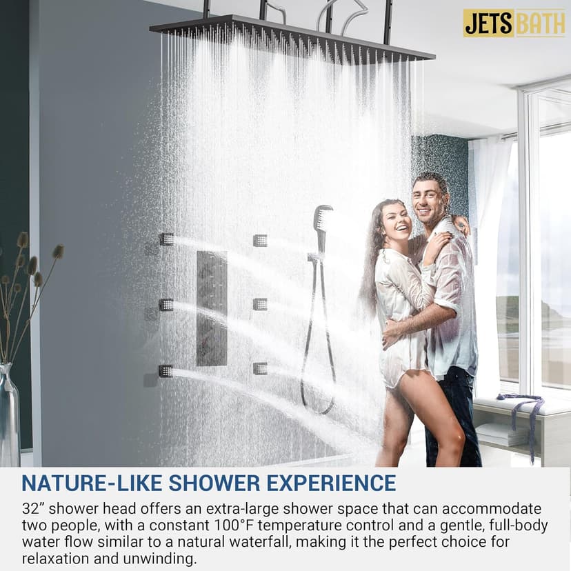 32” Luxury Thermostatic Full Body Shower System with 32-Inch Mist & Rainfall Shower Head & 6 Body Jets, Handheld, JetsBath Matte Black Two Person Shower Faucet Set, Smart Shower System for Couples