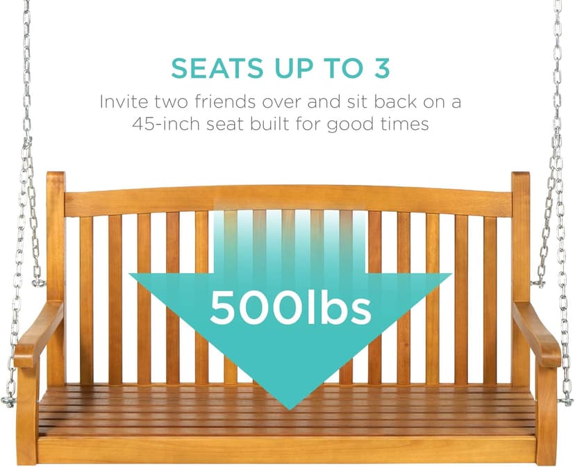 Best Choice Products 48in Wood Porch Swing Outdoor Patio Hanging Bench Chair Furniture for Deck, Garden, Yard w/Mounting Chains, Curved Back Design, 500lb Weight Capacity - Brown