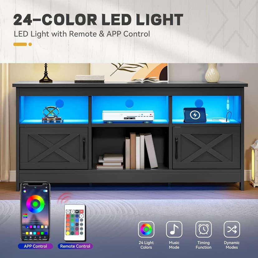 YITAHOME TV Stand for 65 Inch TVs, Entertainment Center with Storage Cabinets, Power Outlet & LED Light, Media Console Living Room Furniture, Black