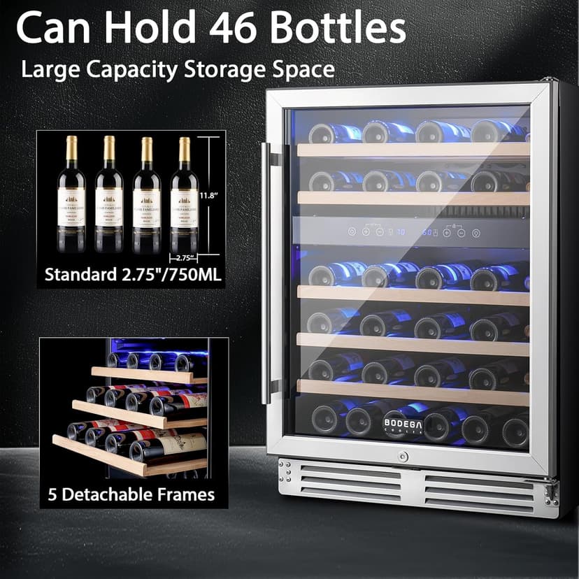 BODEGA 24 Inch Wine Cooler Refrigerator, 46 Bottle Dual Zone Wine Fridge with Double-Layer Tempered Glass Door,wine refrigerator with Temperature Memory Function, Built-in or Freestanding wine cooler.