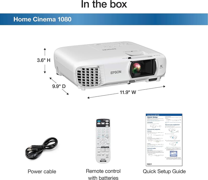 Epson Home Cinema 1080 3-chip 3LCD 1080p Projector, 3400 lumens Color & White Brightness, Streaming/Gaming/Home Theater, Built-in Speaker, Auto Picture Skew, 16,000:1 Contrast, Dual HDMI-White, Medium
