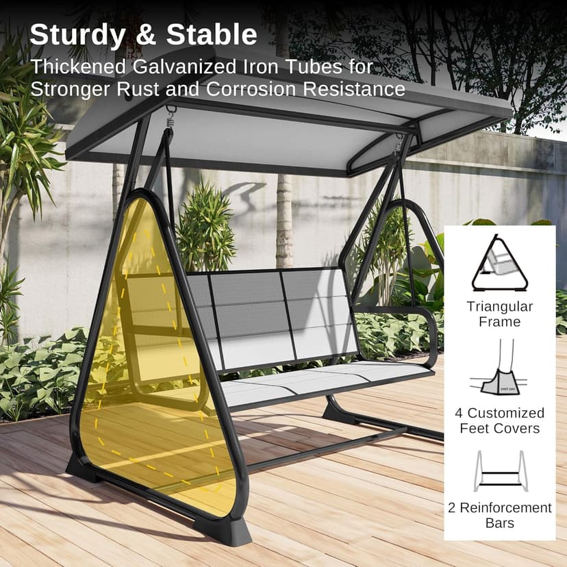 EAST OAK 3-Person Outdoor Patio Swing Chair with Adjustable Canopy, Porch Swing with Comfortable and Breathable Seats, Outdoor Swing Chairs for Garden, Balcony, Backyard, Charcoal Black