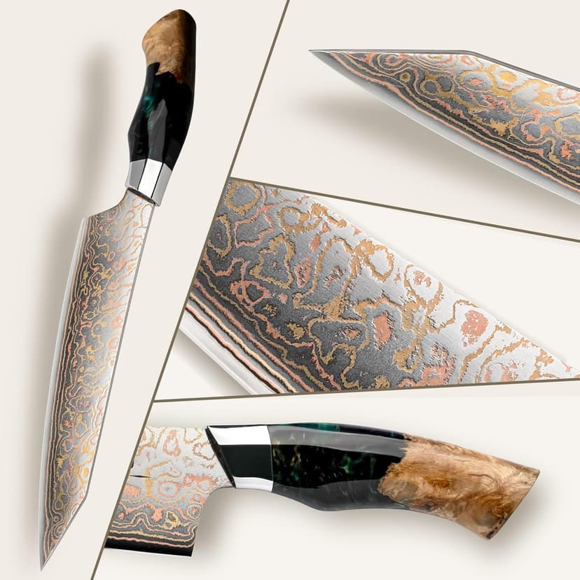 SHAN ZU Damascus Chef Knife 8 inch, Japanese Kitchen Knives Copper & Damascus Steel High Carbon 33 Layer Hand Forged Utility Knife Professional Sharp Carving Knife with Maple Wood Handle