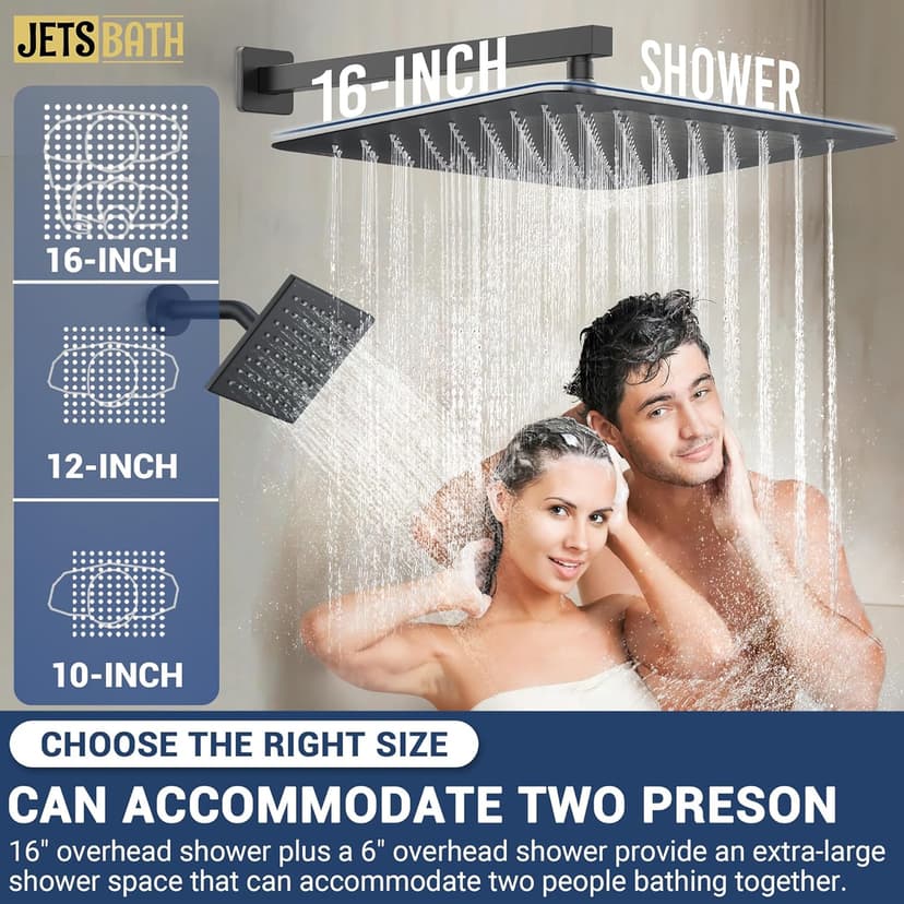 16" Thermostatic Dual Rainfall Head Shower System with Handheld & Valve, 16-Inch Shower Faucet Set with 6-Inch Shower Head, JetsBath Matte Black Full Body Shower System for Couples/2-Person