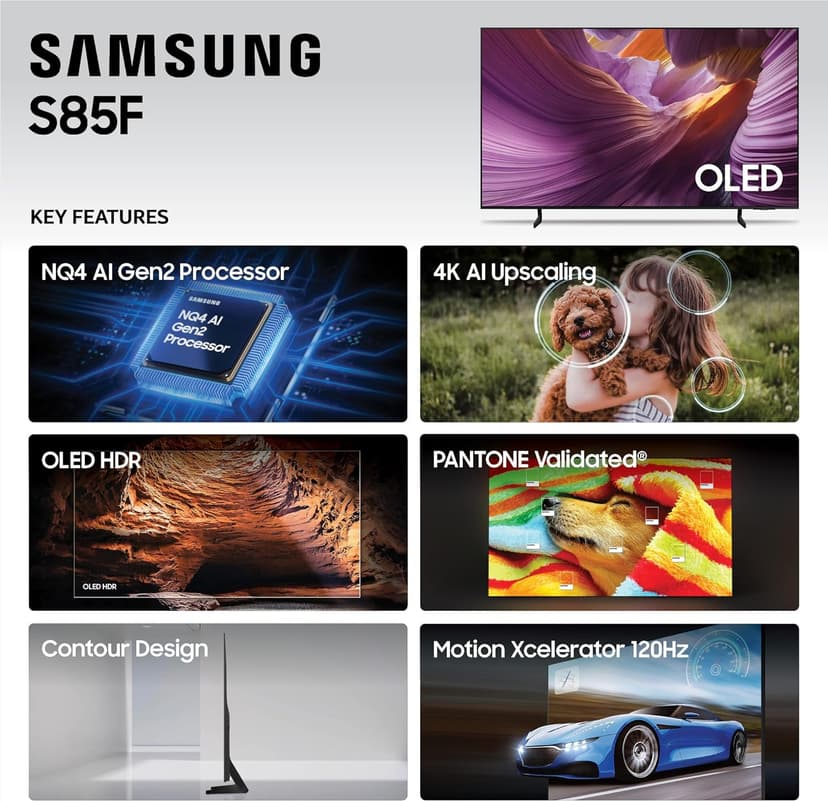 Samsung 65-Inch Class OLED 4K S85F Series, Vision AI Smart TV (2025 Model, 65S85F) Object Tracking Sound Lite w/Dolby Atmos, NQ4 AI Gen2 Processor, Contour Design, Color Booster Pro, Alexa Built-in