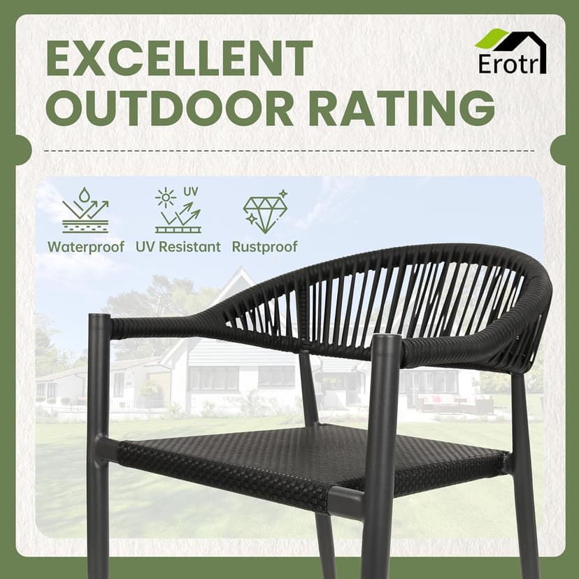 4 Pcs Stackable Patio Dining Chairs, Aluminum Rattan Outdoor Dining Chair with Arms, Woven Rope Garden Armchair Metal No Assembly for Bistro Balcony Porch Deck Yard Cafe Restaurant, Black