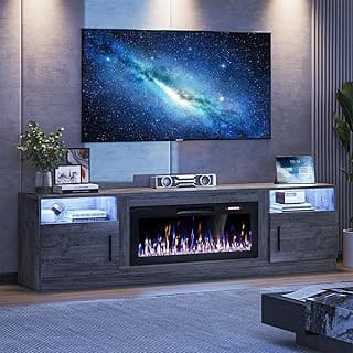 VITESSE TV Stand with 36" inch Electric Fireplace Up to 90" TVs, LED Light Entertainment Center, 80" Modern Wood High Gloss Fireplace with Highlight Storage Cabinet for Living Room (Gray)