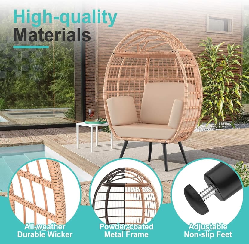 ZENPETIO Oversized Egg Chair, Indoor Outdoor Lounger with 4 UV Resistant Cushions, Storage Bag, All-Weather Wicker Egg Lounger Chair for Patio, Backyard, Living Room, 370lbs Capacity - Brown