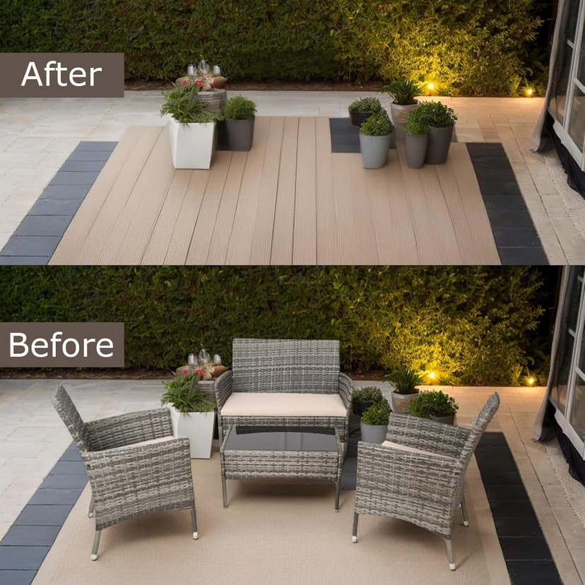 4 Piece Wicker Outdoor Furniture Set, Patio Conversation Set, Woven PE Rattan and Steel with Beige Removable Cushions for Patio, Deck, Lawn and Poolside (Hemp Gray and Beige)