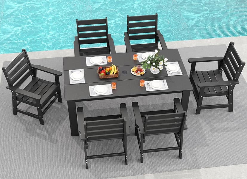 GREENVINES 7-Piece Outdoor-Dining-Set | HDPE Plastic 67'' Table and Chairs Sets for 6 | Patio Furniture | All Weather | Umbrella Hole | Black | for Poolside Garden Backyard