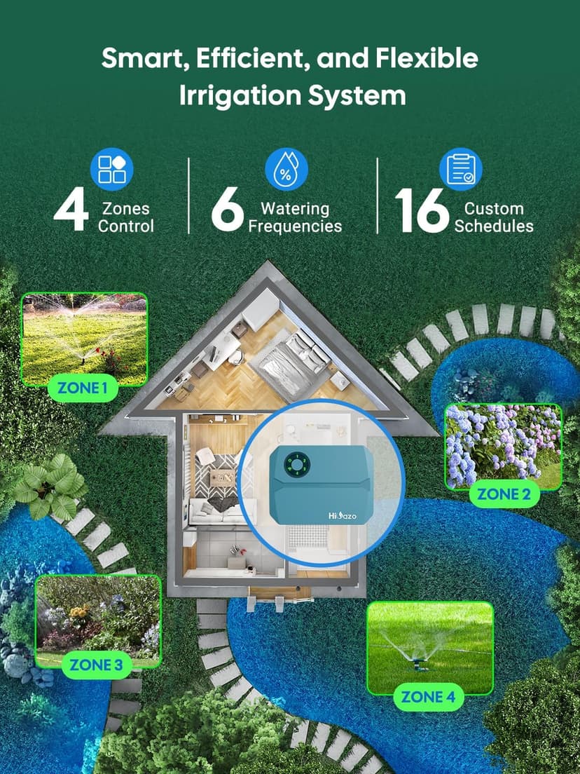 Smart Sprinklers Controller WiFi, Irrigation Controller Easy Use App Enabled, 4 Zone + 16 Plans, Save Water Auto Skin Rain, Freeze & Wind, 10 Minutes Install