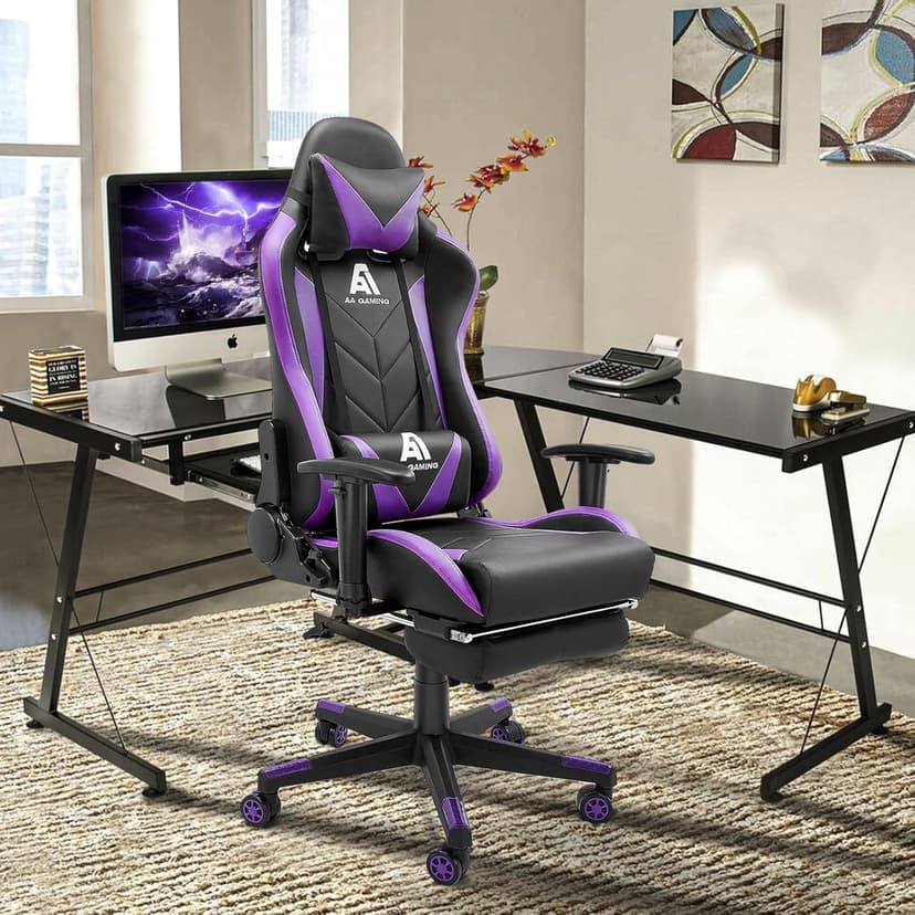 Gaming Chair High Back Ergonomic Computer Racing Chair Adjustable Office Chair with Footrest, Lumbar Support Swivel Chair - Upgraded Version BlackPurple