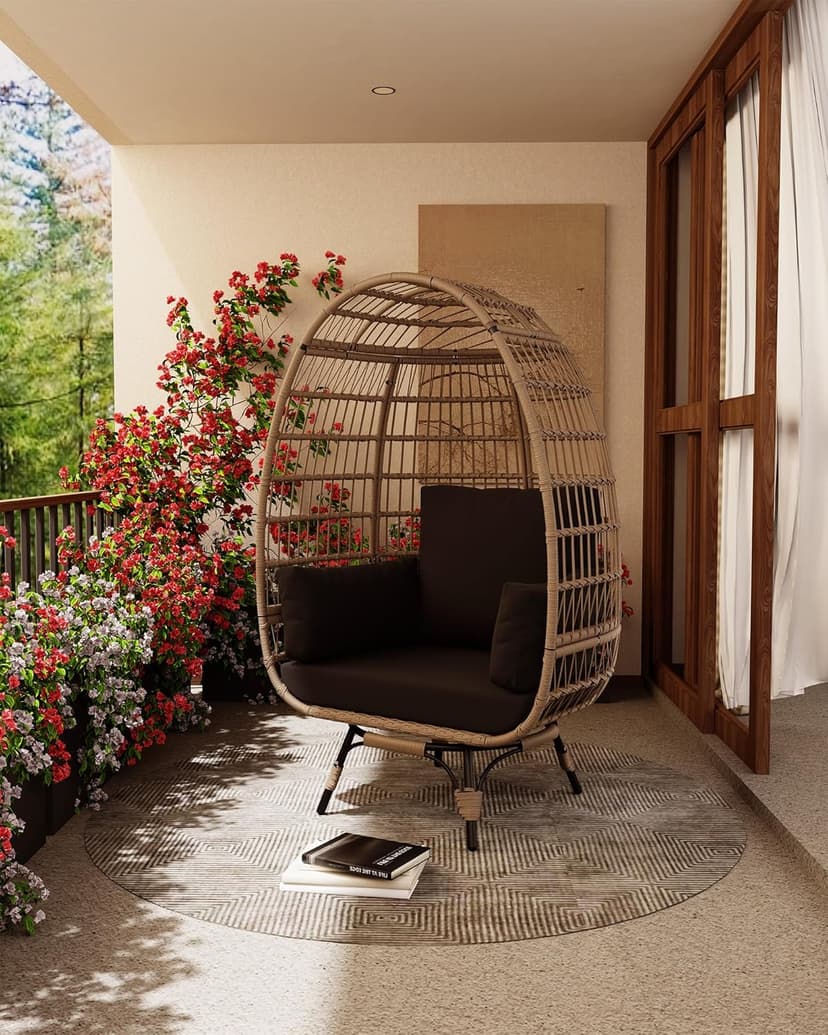 360°Oversize Swivel Egg Chair Outdoor, Heavy-Duty Steel Wicker Egg-Shaped Chair w/4 Cushions, Patio Rotating Rattan Egg Basket Lounge Seat for Patio, Porch, Backyard, Living Room, Black