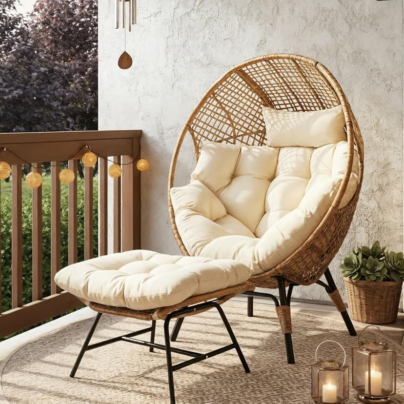 NICESOUL Wicker Egg Chair with Ottoman, Indoor Outdoor Egg Basket Lounge Chair w/Cushion, Oversized Egg Seat with Legs 440 Lbs, Comfy Cozy Boho Style Nest Chair w/Footrest for Patio, Balcony, Beige