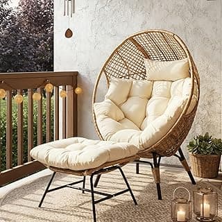 NICESOUL Wicker Egg Chair with Ottoman, Indoor Outdoor Egg Basket Lounge Chair w/Cushion, Oversized Egg Seat with Legs 440 Lbs, Comfy Cozy Boho Style Nest Chair w/Footrest for Patio, Balcony, Beige