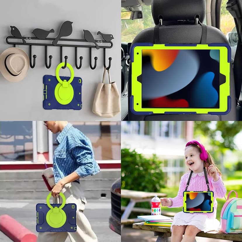 Case for iPad 9th/8th/7th Generation 10.2 inch, Heavy Duty Shockproof Cover with 360° Rotating Handle/Bracket/Pen Holder/Shoulder Strap, Kid Case for iPad 2021/2020/2019, Navy+Green