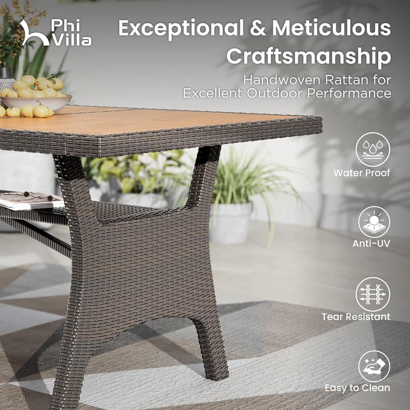 PHI VILLA Outdoor Dining Table for 6/8, 74" Rectangle Wicker Table with Acacia Wood Top & Storage Panel, Large Farmhouse Modern Furniture for Patio, Deck, Backyard, Porch