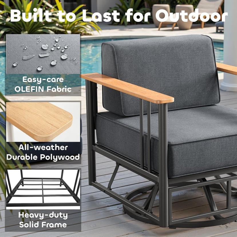 Luxury Outdoor Furniture Set with Swivel Chairs, 7 PCS Patio Furniture Set with Extra Thick Cushions, Suitable for Porch, Balcony, Deck, Patio, Yard, Poolside, Black/Grey