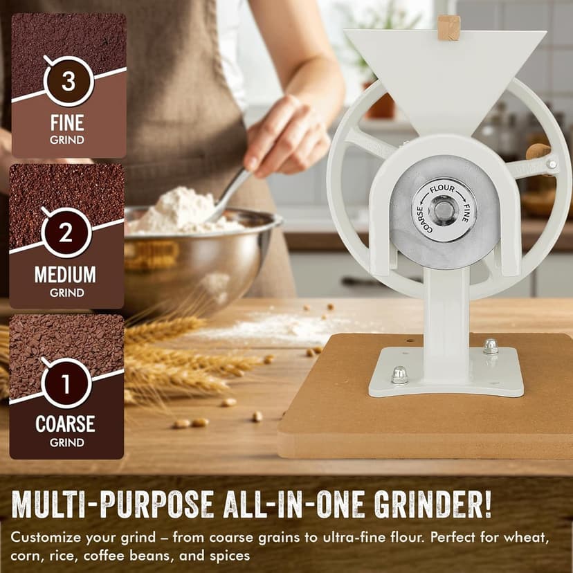 Manual Hand Grain Mill White | Heavy-Duty Hand Operated Food Grinder for Wheat, Corn, Oats, Coffee Beans, Rice & Dry Grains | Hand Crank Kitchen Flour Mill for Home, Camping, Survival & Everyday Use