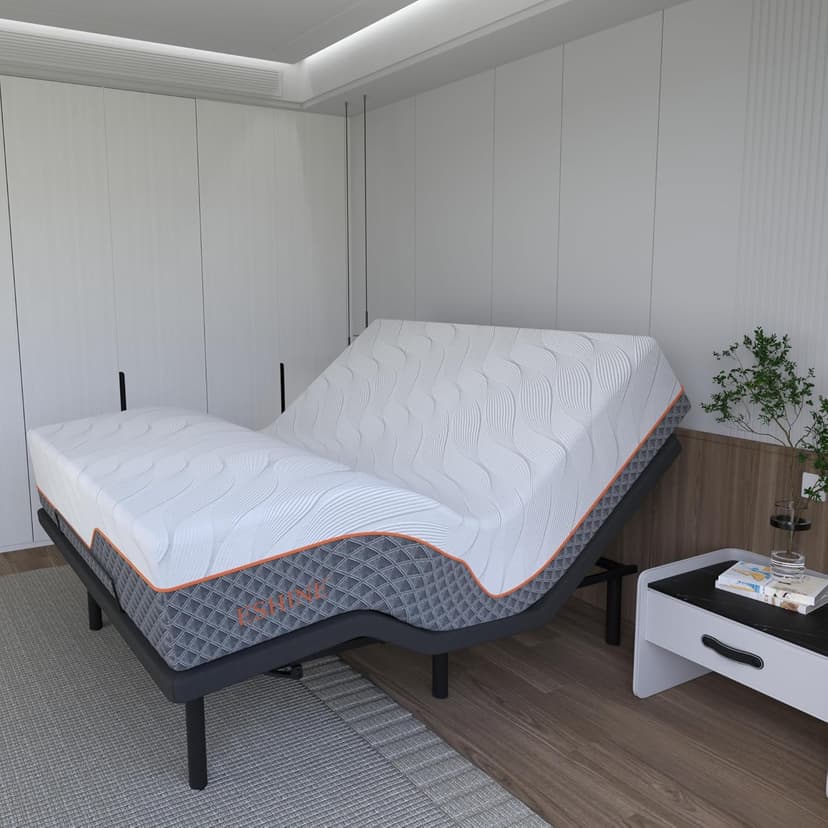 ESHINE 14" Hybrid Mattress King + Adjustable Bed Frame - Luxury Gel Memory Foam, Upholstered Bed Frames with Massage, USB, Under Bed Night Light, Head and Foot Incline, 3100 Series, King