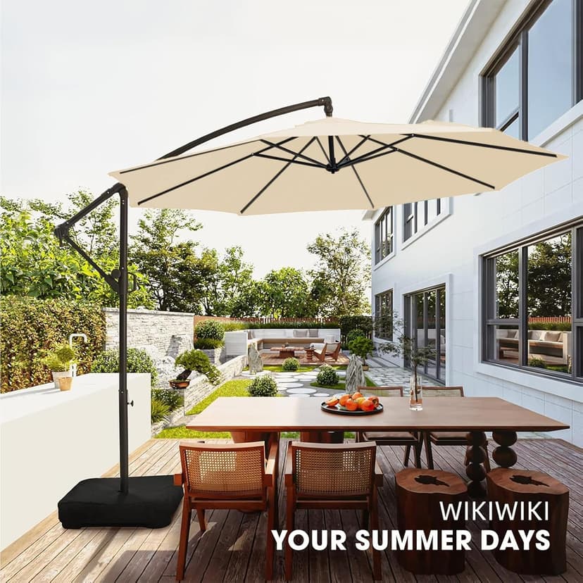 wikiwiki 10ft Patio Umbrella with Base Included, Outdoor Offset Cantilever Umbrella, Infinite Tilt, Crank and Cross Base, Beige