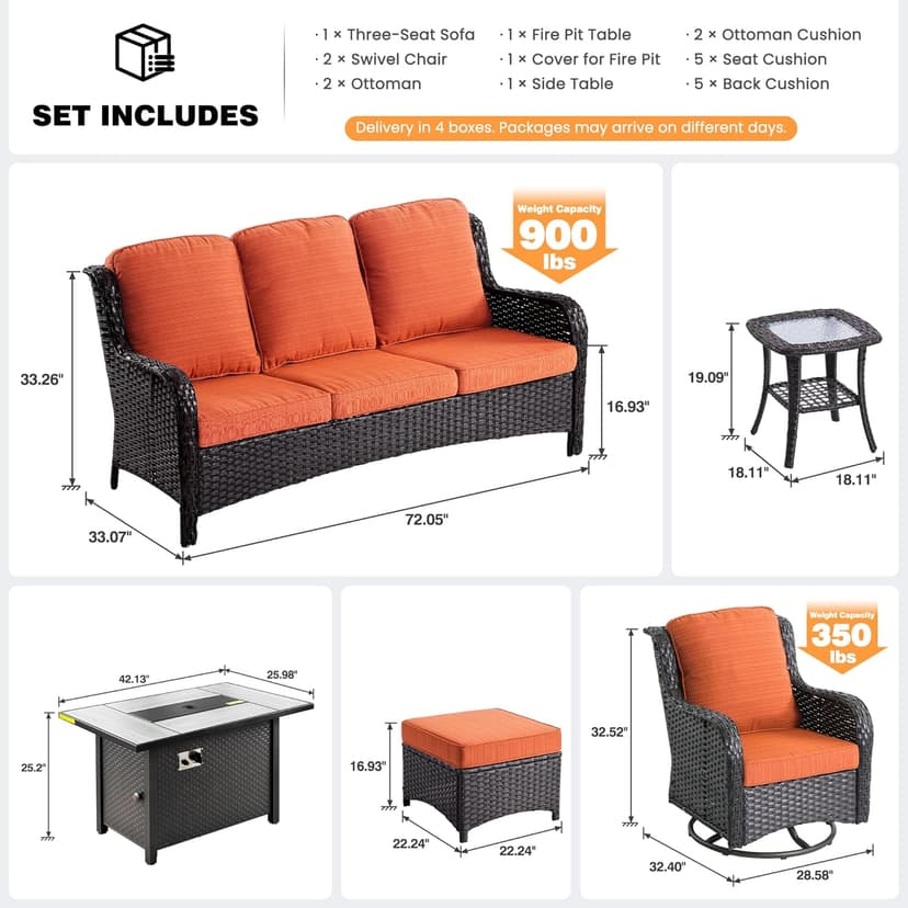 ovios 7 Pieces Patio Furniture Set, Outdoor Wicker Sofa Couch with Swivel Chairs 42" Fire Pit Table, All Weather High Back Modern Conversation Sets, Brown Rattan, Orange Red