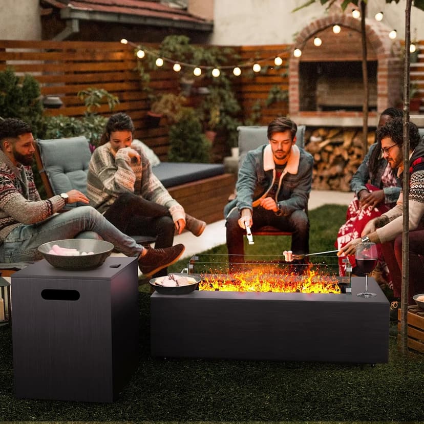 42” Rectangular Fire Pit Tables 2-Piece 50,000 BTU Outdoor Propane Gas Fire Pit with Wind Guard, Waterproof Cover, Lava Rocks for Outside Patio Backyard