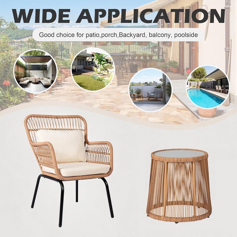 3 Piece Outdoor Wicker Furniture Bistro Set, Rattan Chairs Conversation Sets Wicker Patio Furniture for Balcony Poolside Backyard, Yellow/Beige