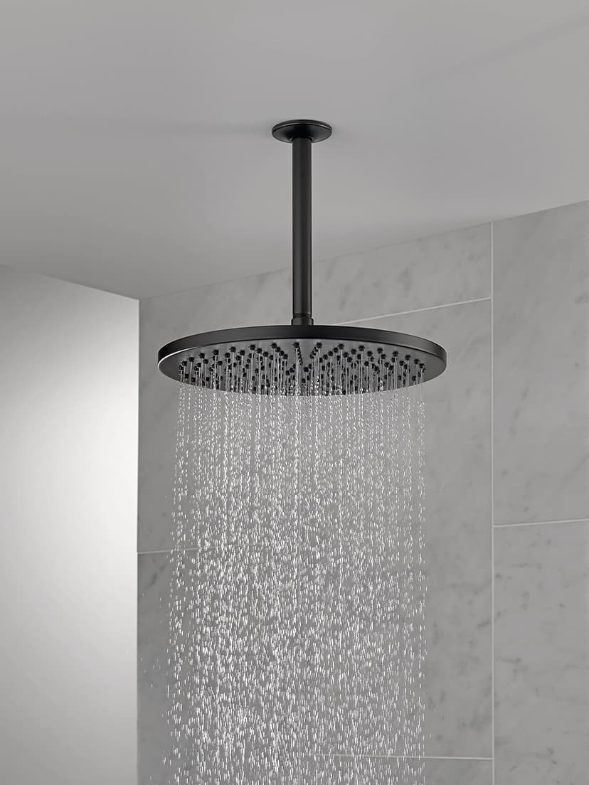 Delta Matte Black Round Rain Shower Head, 12 Inch Metal Large Shower Head Rainfall, Overhead Rain Showerhead, 2.5 GPM Flow Rate, Matte Black 52158-BL25