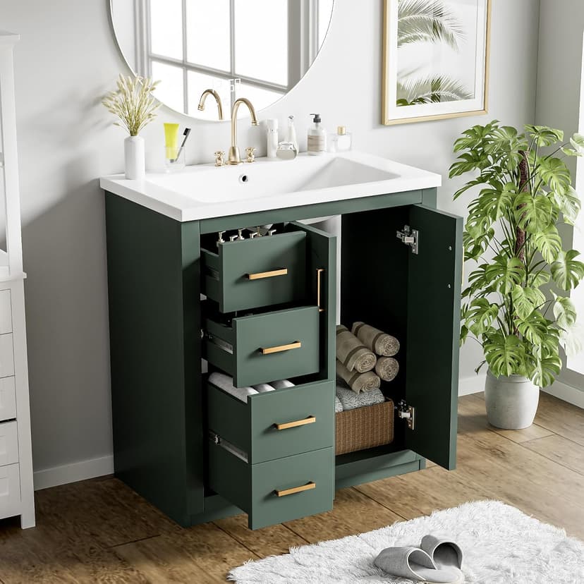 Merax 30'' Bathroom Vanity with Ceramic Sink Combo, Solid Wood Frame Bathroom Storage Cabinet, Freestanding Vanity Set with 3 Drawers& Soft Closing Doors, Green